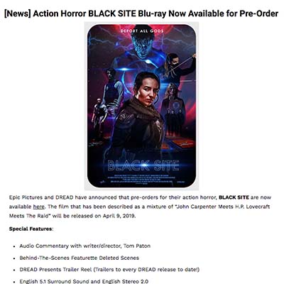 Action Horror BLACK SITE Blu-ray Now Available for Pre-Order
